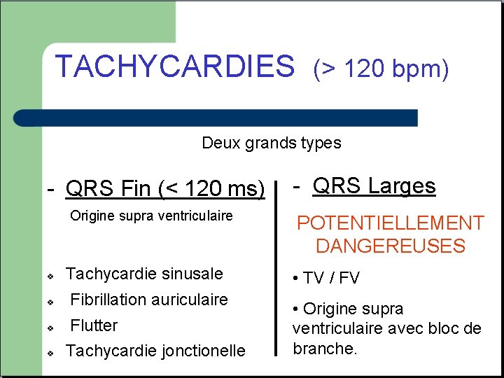 TACHYCARDIES (> 120 bpm) Deux grands types - QRS Larges - QRS Fin (<