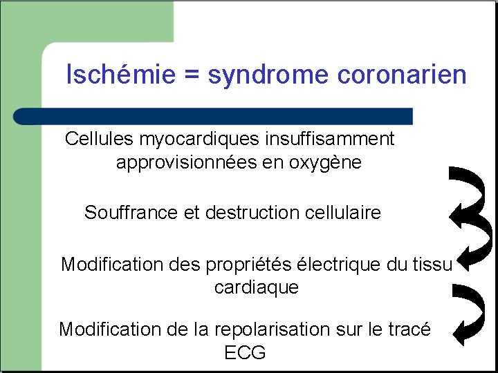 Ischémie = syndrome coronarien Cellules myocardiques insuffisamment approvisionnées en oxygène Souffrance et destruction cellulaire