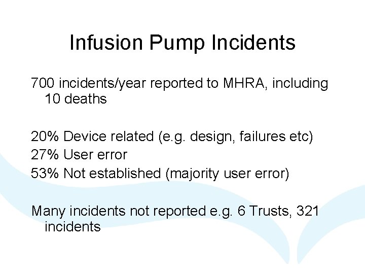 Infusion Pump Incidents 700 incidents/year reported to MHRA, including 10 deaths 20% Device related