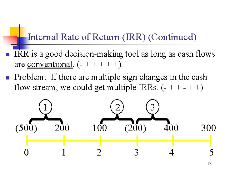 Internal Rate of Return (IRR) (Continued) n n IRR is a good decision-making tool