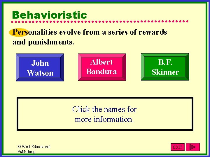 Behavioristic Personalities evolve from a series of rewards and punishments. John Watson Albert Bandura