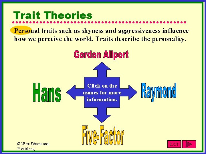 Trait Theories Personal traits such as shyness and aggressiveness influence how we perceive the