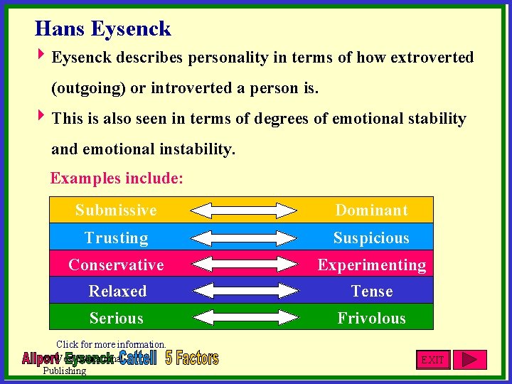 Hans Eysenck 4 Eysenck describes personality in terms of how extroverted (outgoing) or introverted