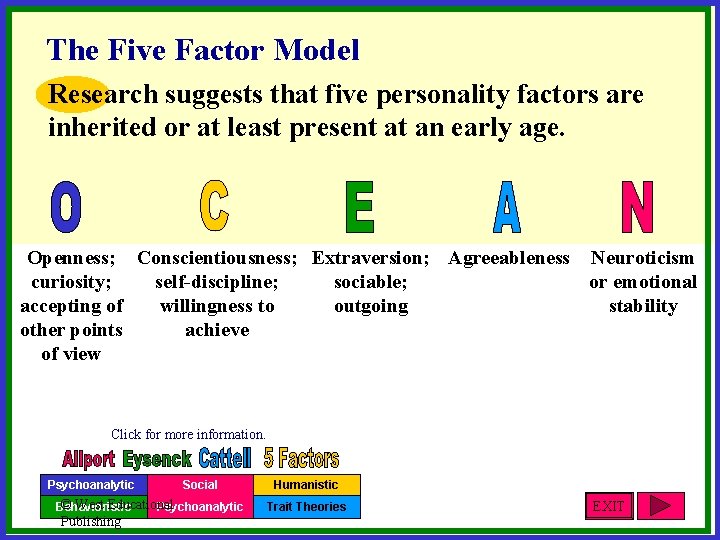 The Five Factor Model Research suggests that five personality factors are inherited or at