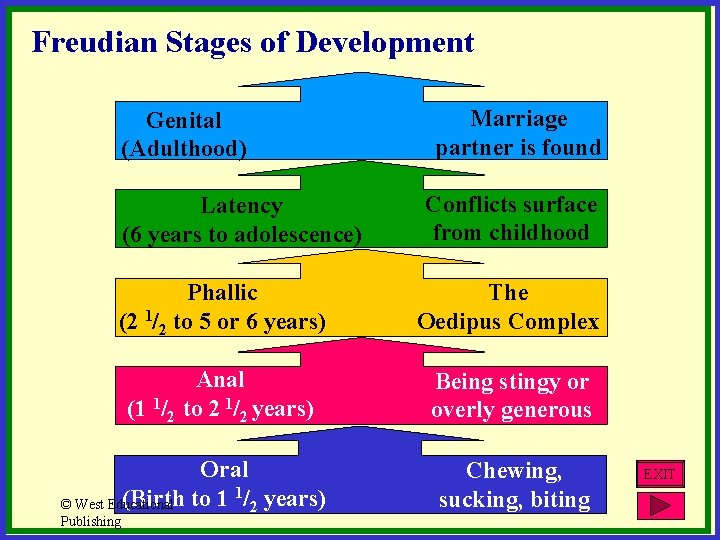 Freudian Stages of Development Genital (Adulthood) Latency (6 years to adolescence) Marriage partner is