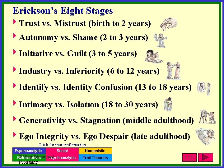 Erickson’s Eight Stages 4 Trust vs. Mistrust (birth to 2 years) 4 Autonomy vs.