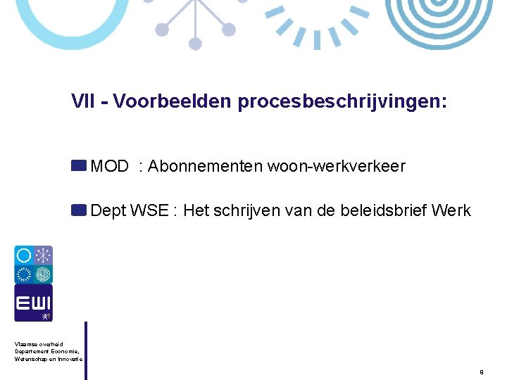 VII - Voorbeelden procesbeschrijvingen: MOD : Abonnementen woon-werkverkeer Dept WSE : Het schrijven van