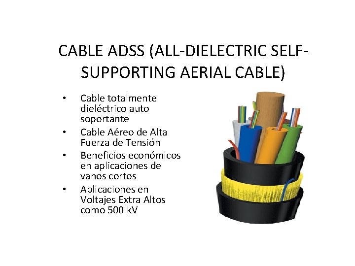 CABLE ADSS (ALL-DIELECTRIC SELFSUPPORTING AERIAL CABLE) • • Cable totalmente dieléctrico auto soportante Cable