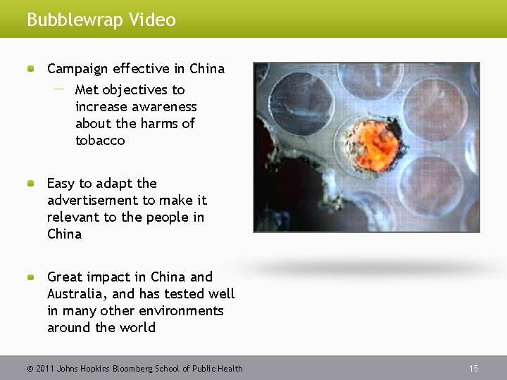 Bubblewrap Video Campaign effective in China Met objectives to increase awareness about the harms