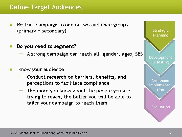 Define Target Audiences Restrict campaign to one or two audience groups (primary + secondary)
