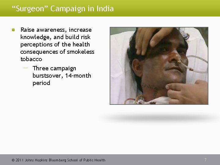 “Surgeon” Campaign in India Raise awareness, increase knowledge, and build risk perceptions of the