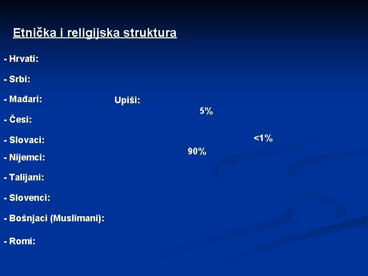 Etnička i religijska struktura - Hrvati: - Srbi: - Mađari: - Česi: Upiši: 5%