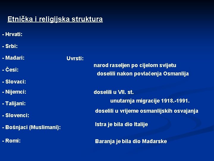 Etnička i religijska struktura - Hrvati: - Srbi: - Mađari: - Česi: Uvrsti: narod