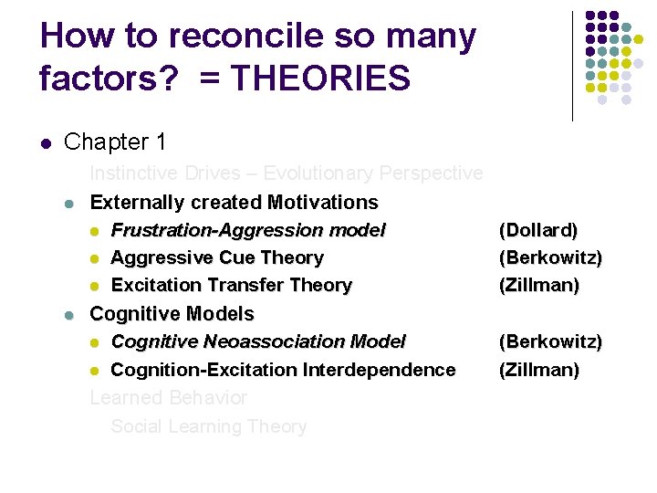 How to reconcile so many factors? = THEORIES l Chapter 1 l l Instinctive