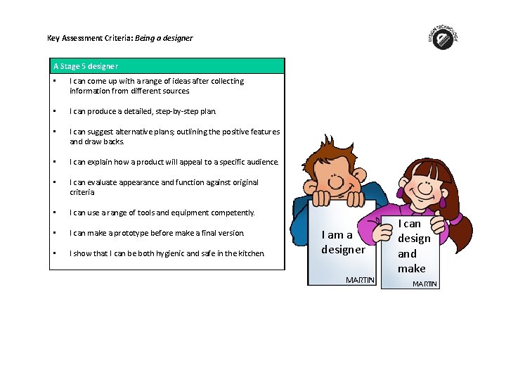 Key Assessment Criteria: Being a designer A Stage 5 designer • I can come