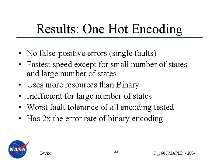 Results: One Hot Encoding • No false-positive errors (single faults) • Fastest speed except