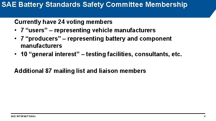 SAE Battery Standards Safety Committee Membership Currently have 24 voting members • 7 “users”