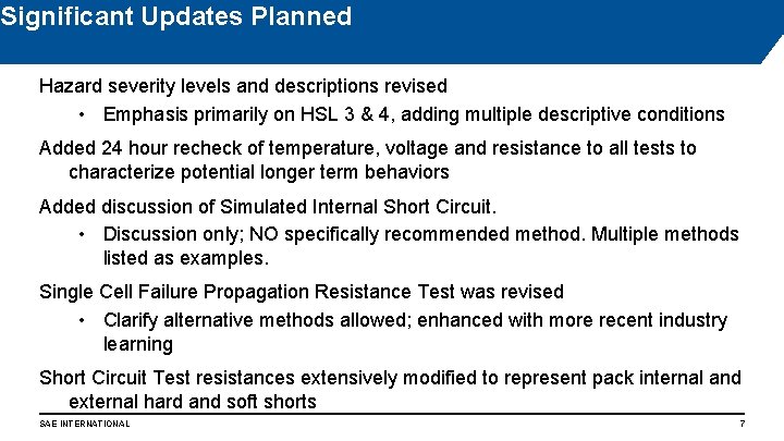 Significant Updates Planned Hazard severity levels and descriptions revised • Emphasis primarily on HSL