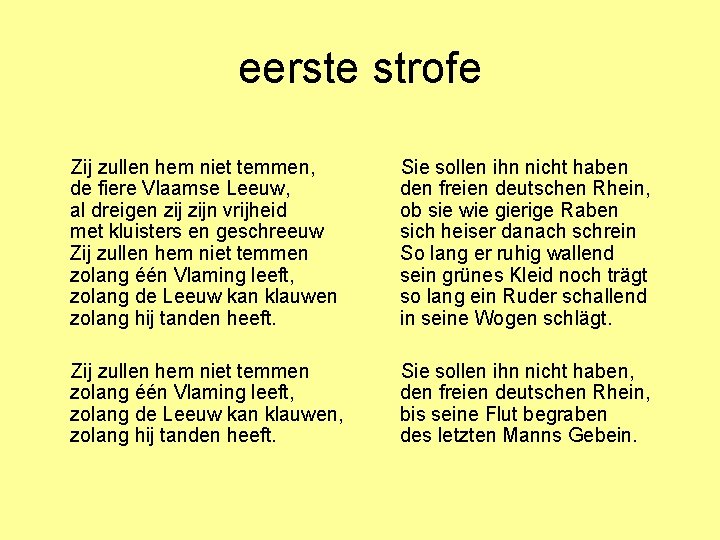 eerste strofe Zij zullen hem niet temmen, de fiere Vlaamse Leeuw, al dreigen zijn