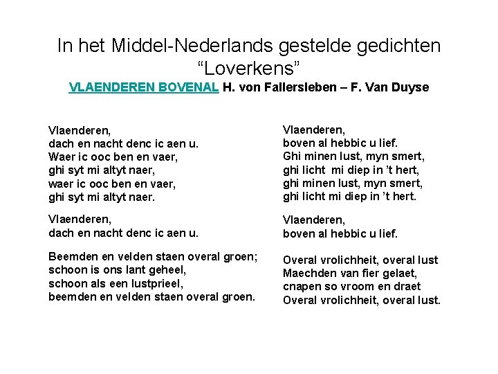 In het Middel-Nederlands gestelde gedichten “Loverkens” VLAENDEREN BOVENAL H. von Fallersleben – F. Van