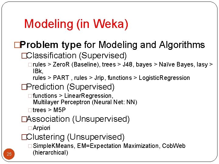Modeling (in Weka) �Problem type for Modeling and Algorithms �Classification (Supervised) �rules > Zero.