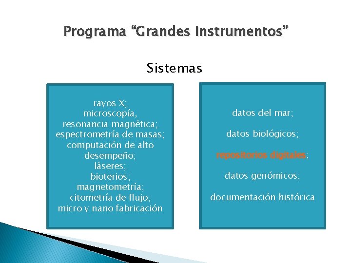 Programa “Grandes Instrumentos” Sistemas rayos X; microscopía, resonancia magnética; espectrometría de masas; computación de