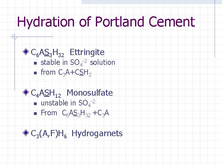 Hydration of Portland Cement C 6 AS 3 H 32 Ettringite n n stable