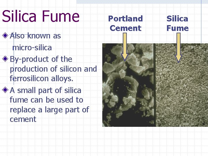 Silica Fume Also known as micro-silica By-product of the production of silicon and ferrosilicon