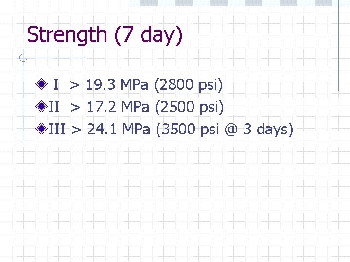 Strength (7 day) I > 19. 3 MPa (2800 psi) II > 17. 2