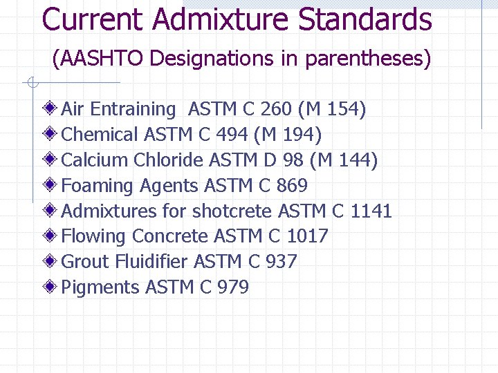 Current Admixture Standards (AASHTO Designations in parentheses) Air Entraining ASTM C 260 (M 154)
