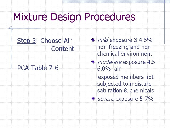 Mixture Design Procedures Step 3: Choose Air Content PCA Table 7 -6 mild exposure