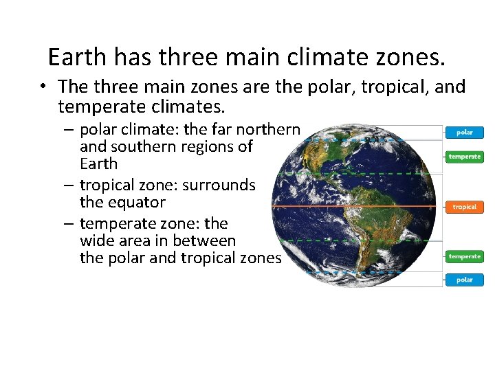 Earth has three main climate zones. • The three main zones are the polar,