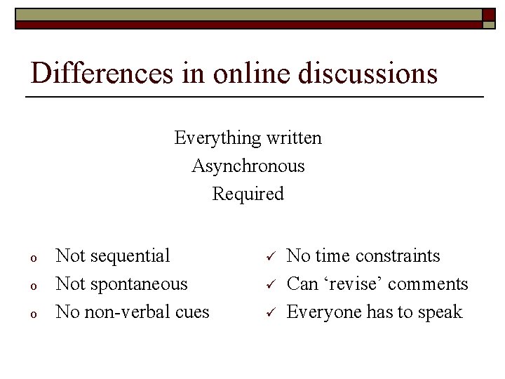 Differences in online discussions Everything written Asynchronous Required o o o Not sequential Not