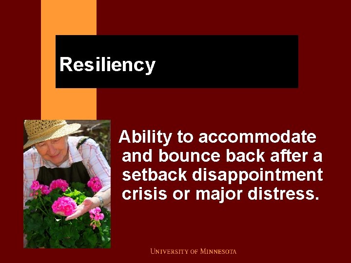 Resiliency Ability to accommodate and bounce back after a setback disappointment crisis or major
