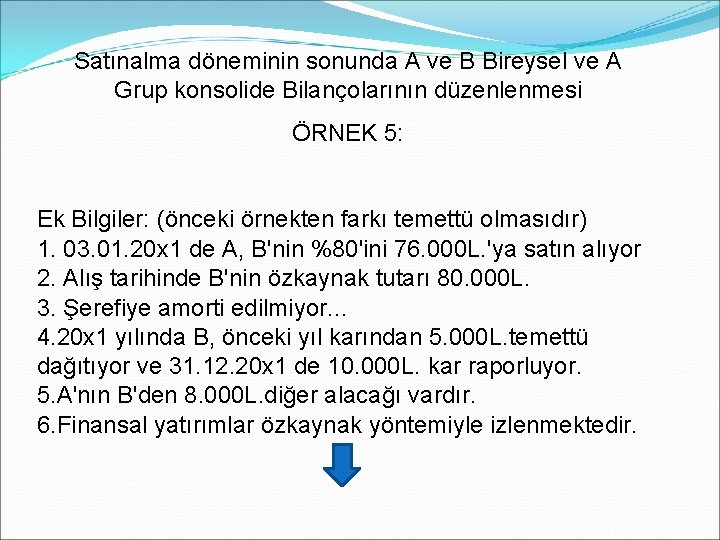 Satınalma döneminin sonunda A ve B Bireysel ve A Grup konsolide Bilançolarının düzenlenmesi ÖRNEK