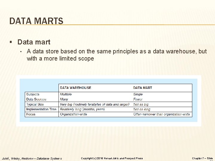 DATA MARTS § Data mart • A data store based on the same principles