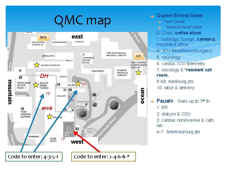 QMC map Queen Emma tower “ewa” (west) “diamond head” (east) east SAS GR DH