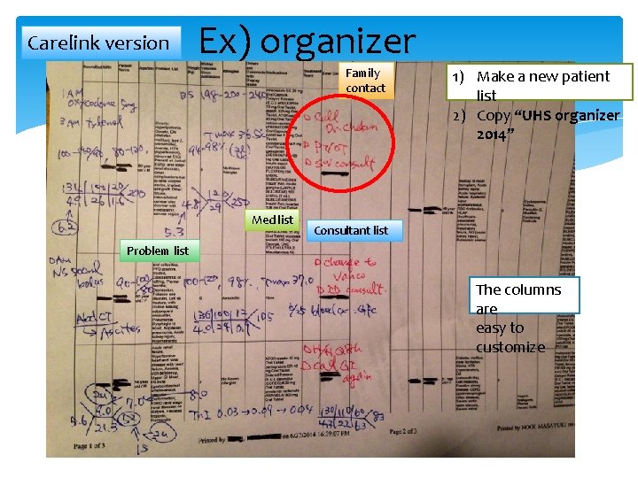 Carelink version Ex) organizer Family contact Med list 1) Make a new patient list