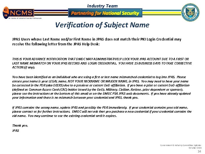 Industry Team Verification of Subject Name JPAS Users whose Last Name and/or First Name