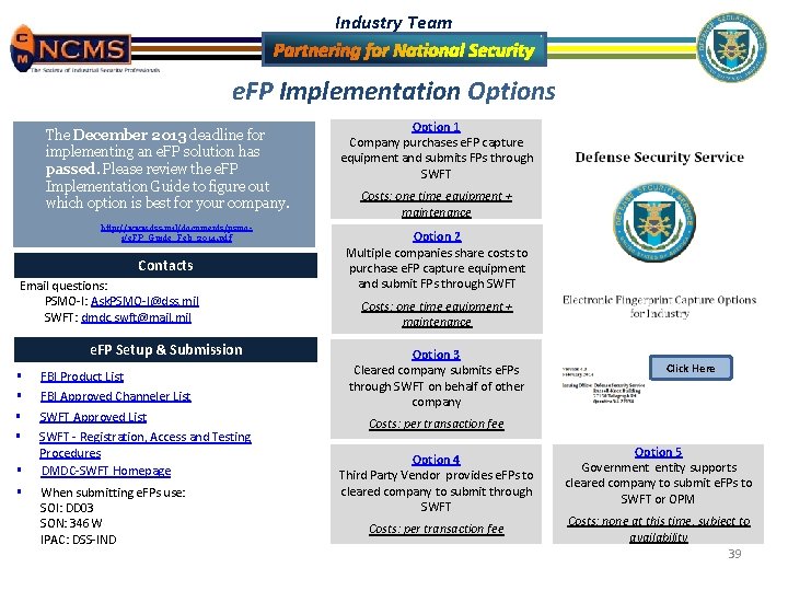 Industry Team e. FP Implementation Options The December 2013 deadline for implementing an e.