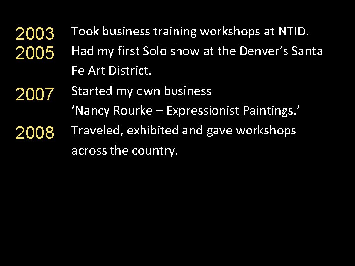 2003 2005 2007 2008 Took business training workshops at NTID. Had my first Solo