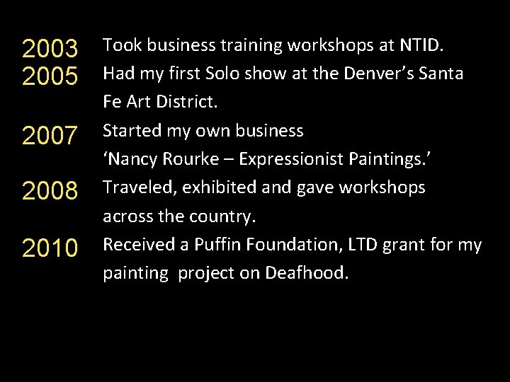 2003 2005 2007 2008 2010 Took business training workshops at NTID. Had my first