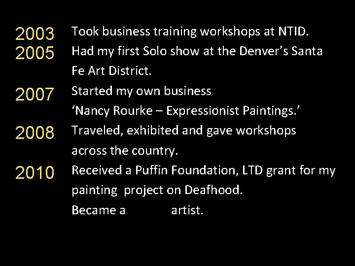 2003 2005 2007 2008 2010 Took business training workshops at NTID. Had my first