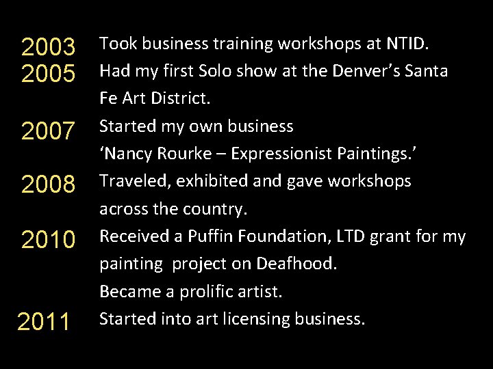 2003 2005 2007 2008 2010 2011 Took business training workshops at NTID. Had my