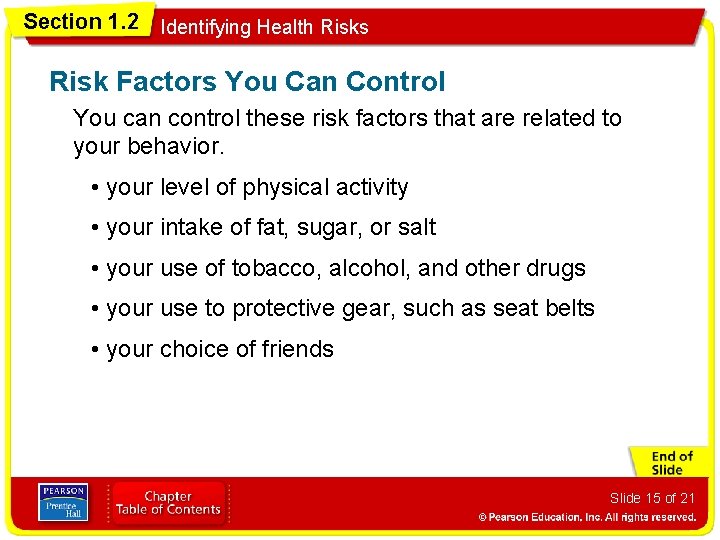Section 1. 2 Identifying Health Risks Risk Factors You Can Control You can control