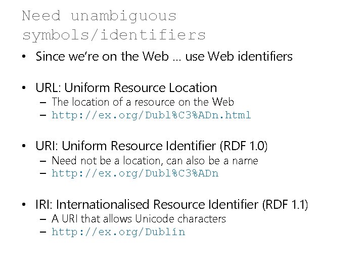 Need unambiguous symbols/identifiers • Since we’re on the Web … use Web identifiers •