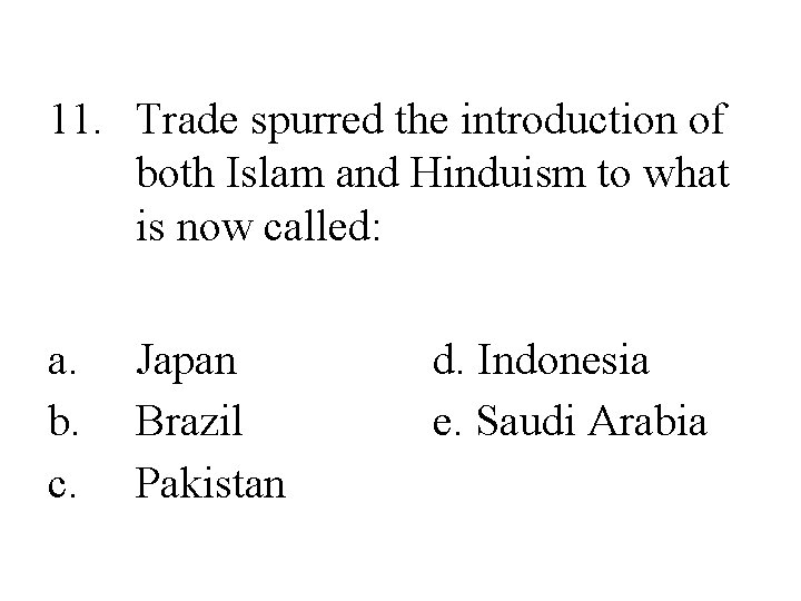 11. Trade spurred the introduction of both Islam and Hinduism to what is now