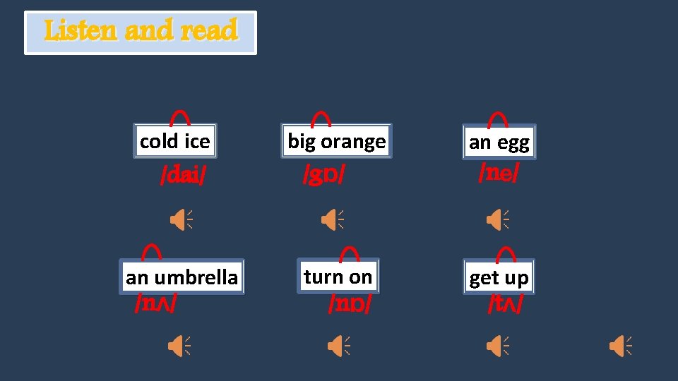 Listen and read cold ice /dai/ an umbrella /nʌ/ big orange an egg turn