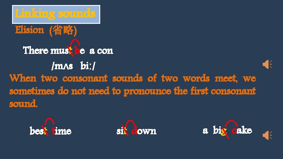 Linking sounds Elision (省略) There must be a con /mʌs biː/ When two consonant