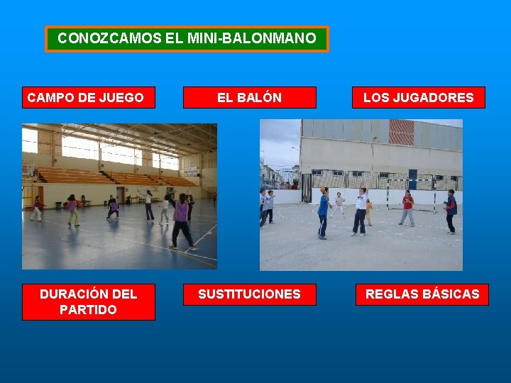 CONOZCAMOS EL MINI-BALONMANO CAMPO DE JUEGO EL BALÓN DURACIÓN DEL PARTIDO SUSTITUCIONES LOS JUGADORES